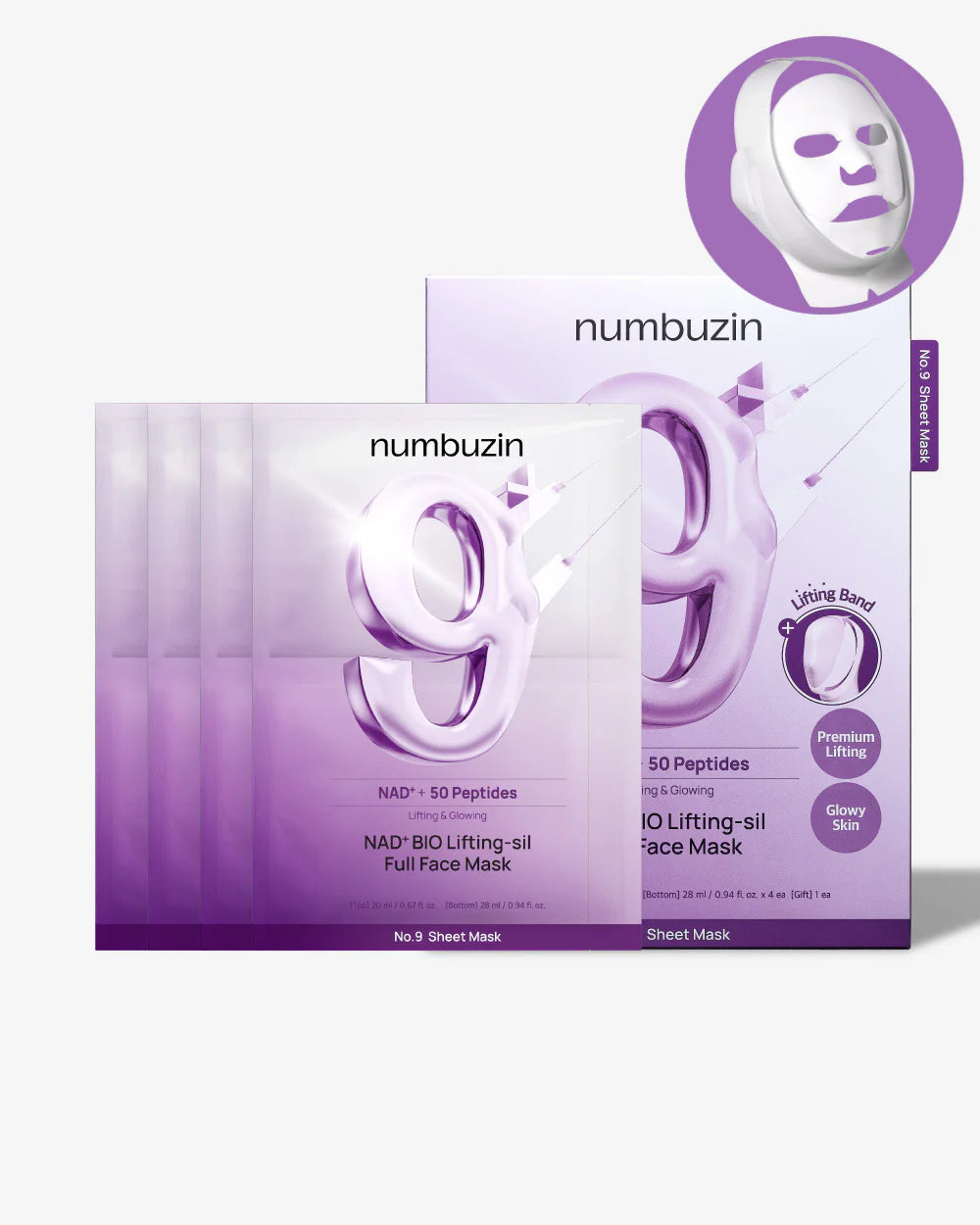 No.9 NAD+ BIO Lifting-sil Full Face Mask - Intenzivní liftingová plátýnková maska (4 ks + liftingový pásek)