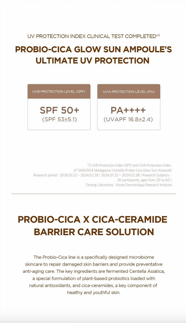 SKIN1004 – Madagascar Centella Probio-Cica Glow Sun Ampoule SPF50+ PA++++ - Zklidňující opalovací krém pro suchou pleť