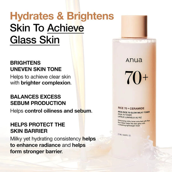 Rice 70 Glow Milky Toner - Hydratační a rozjasňující pleťové tonikum s rýží 250 ml