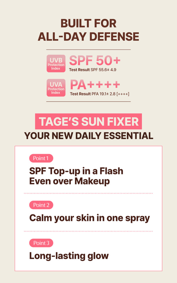 TAGE - Cica-Tree Shaking Glow Sun Fixer SPF 50+ PA++++ - Fixační SPF mlha na make-up s glow efektem a zklidňující péčí