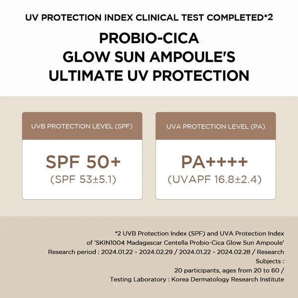 SKIN1004 – Madagascar Centella Probio-Cica Glow Sun Ampoule SPF50+ PA++++ - Zklidňující opalovací krém pro suchou pleť